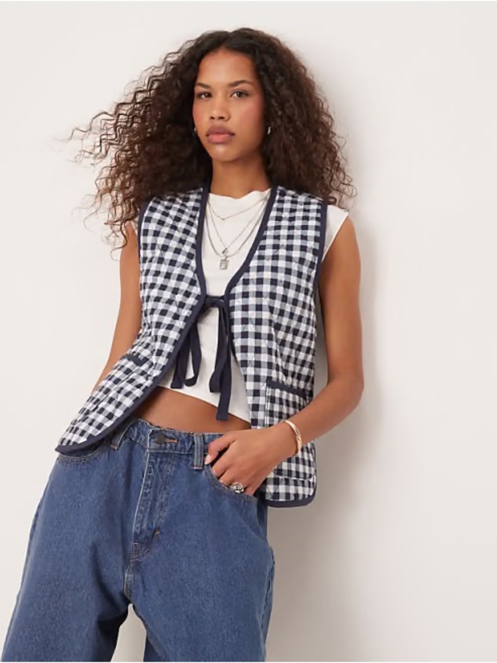 Free People Claudine Vest in Navy Gingham